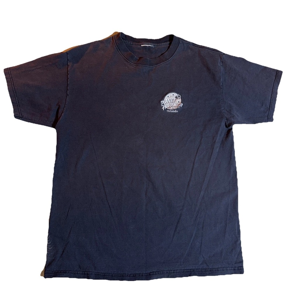 Vintage‎ Planet Hollywood Orlando T-Shirt Faded Black Embroidered Logo Mens